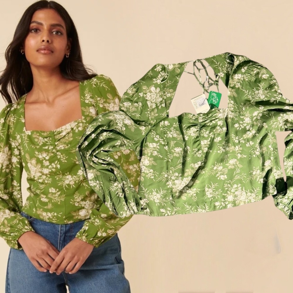 Nobody's Child Blouse Floral Open Back Green USA 14